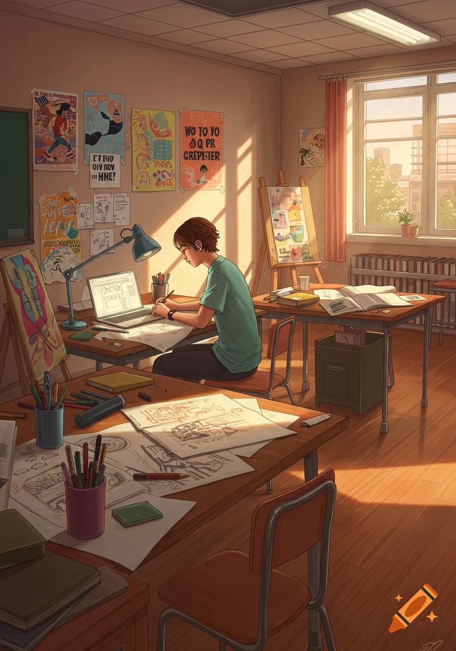 An anime-style image of a design student in a sunlit art classroom, sketching at a desk with a laptop and art supplies.