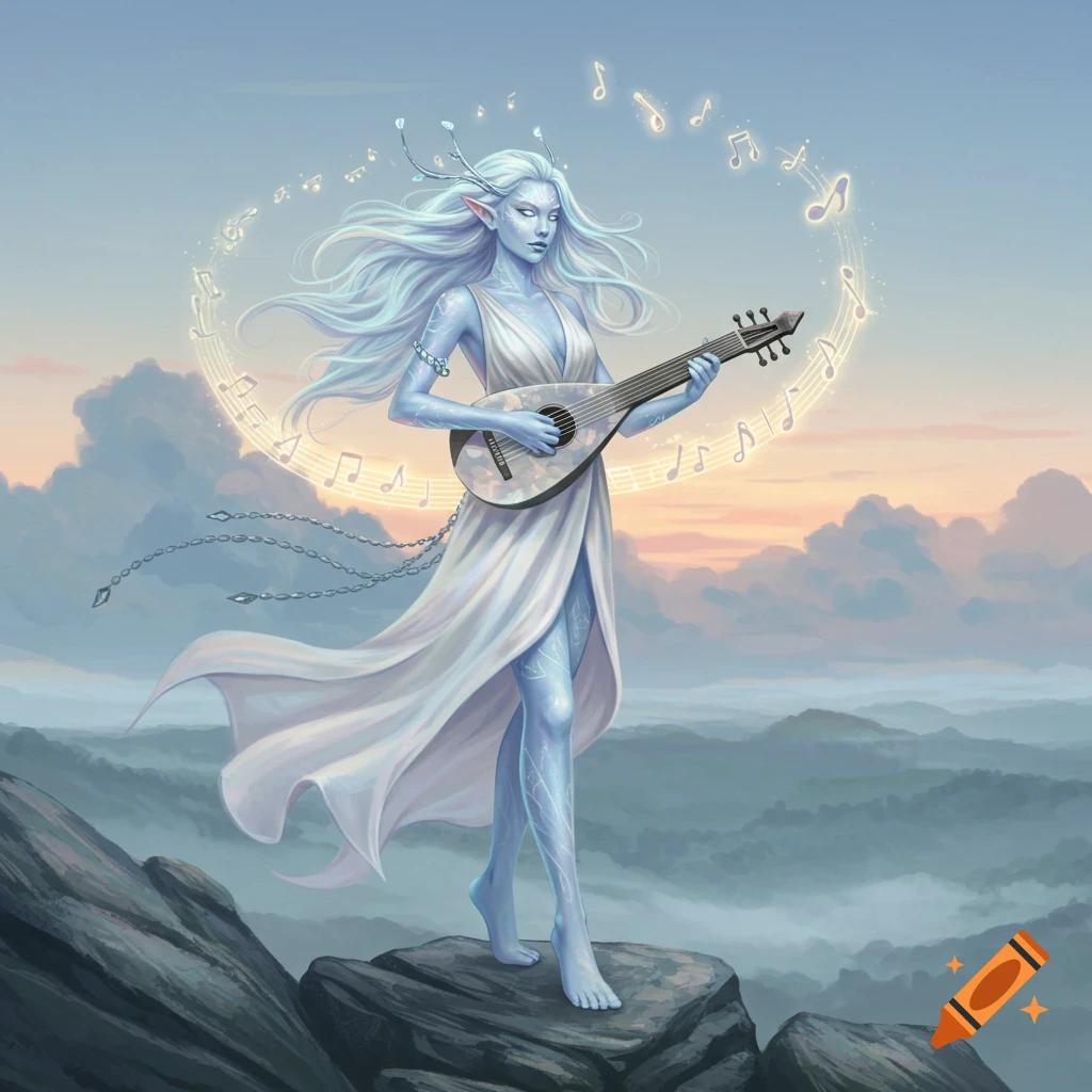 A light blue-skinned fantasy woman with long white hair stands on a mountain playing a lute, surrounded by glowing musical notes at sunset.
