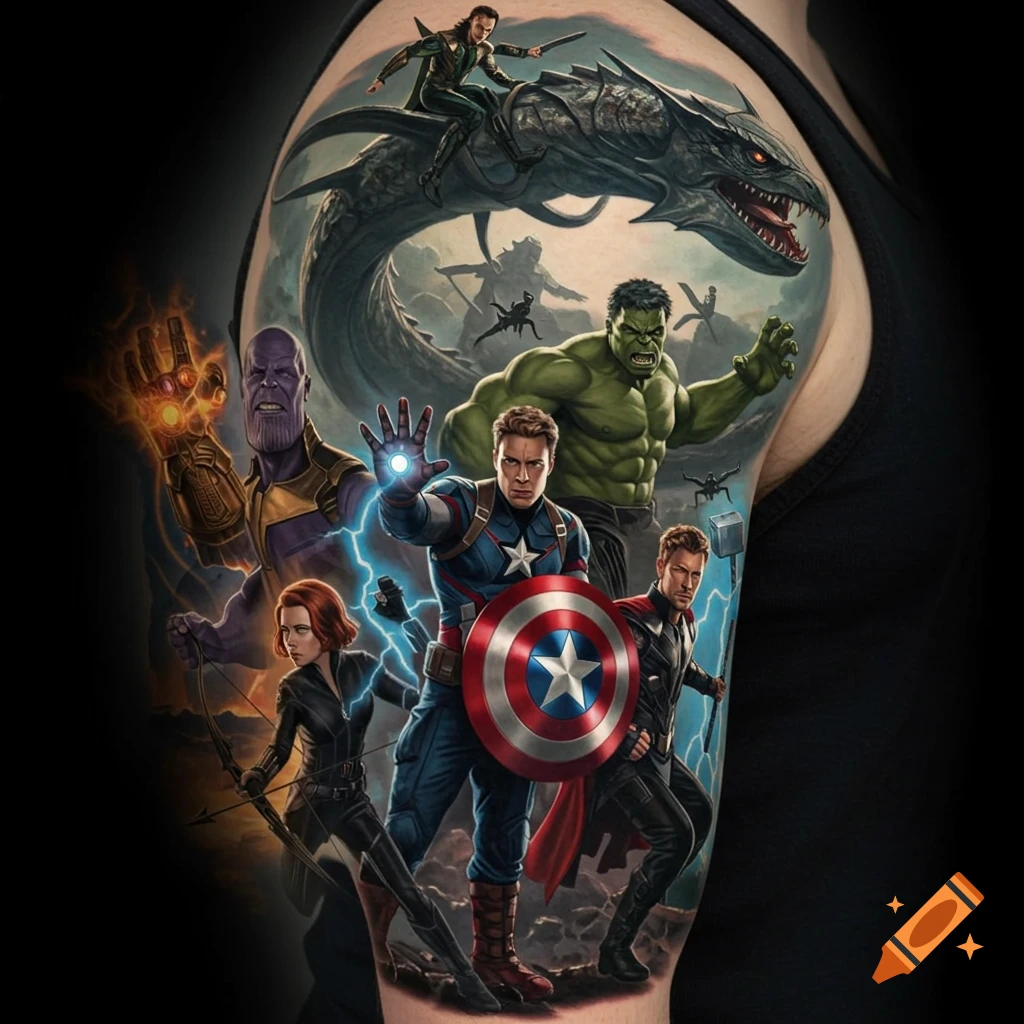 A detailed full-sleeve tattoo on an arm depicting various Marvel superheroes and villains, including Captain America, Hulk, Black Widow, Thor, Thanos, and Loki riding a large creature.