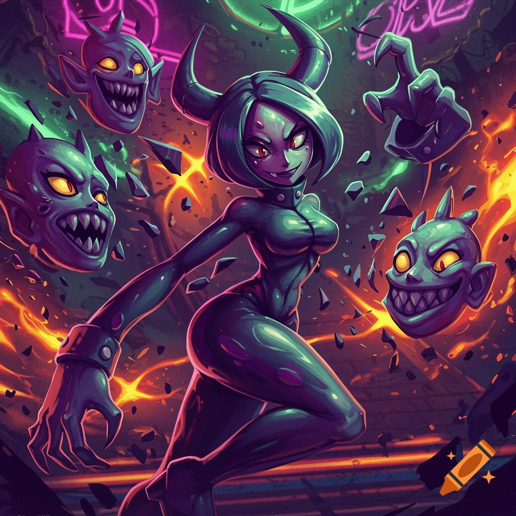 A stylized female demon character in a tight suit, running amidst floating monster heads, fire, and neon signs. Cartoon style.