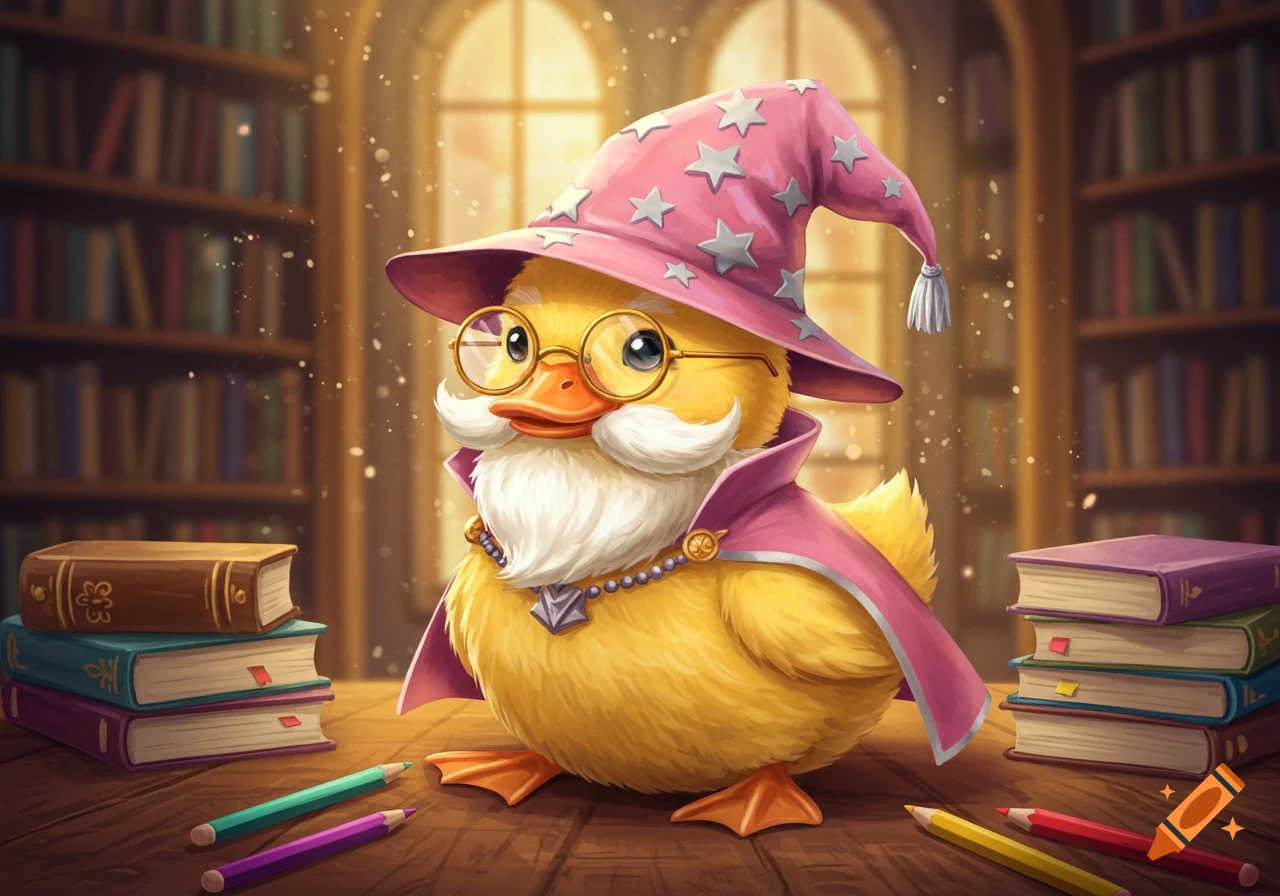 A yellow duckling wearing a pink wizard hat, round glasses, and a white beard, sitting on a wooden table with books and pencils in a library.