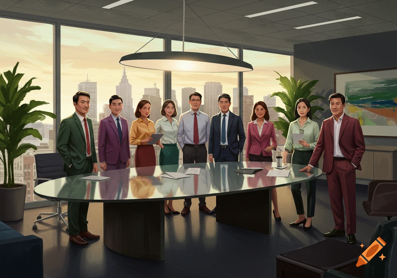A diverse group of business professionals standing around a conference table in an office with a city view, in an illustrative style.