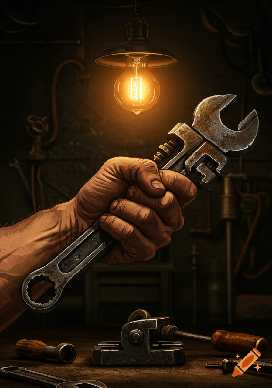A strong hand holds a rusty monkey wrench under a glowing light in a dim workshop, with other tools on a table, in a detailed illustration.