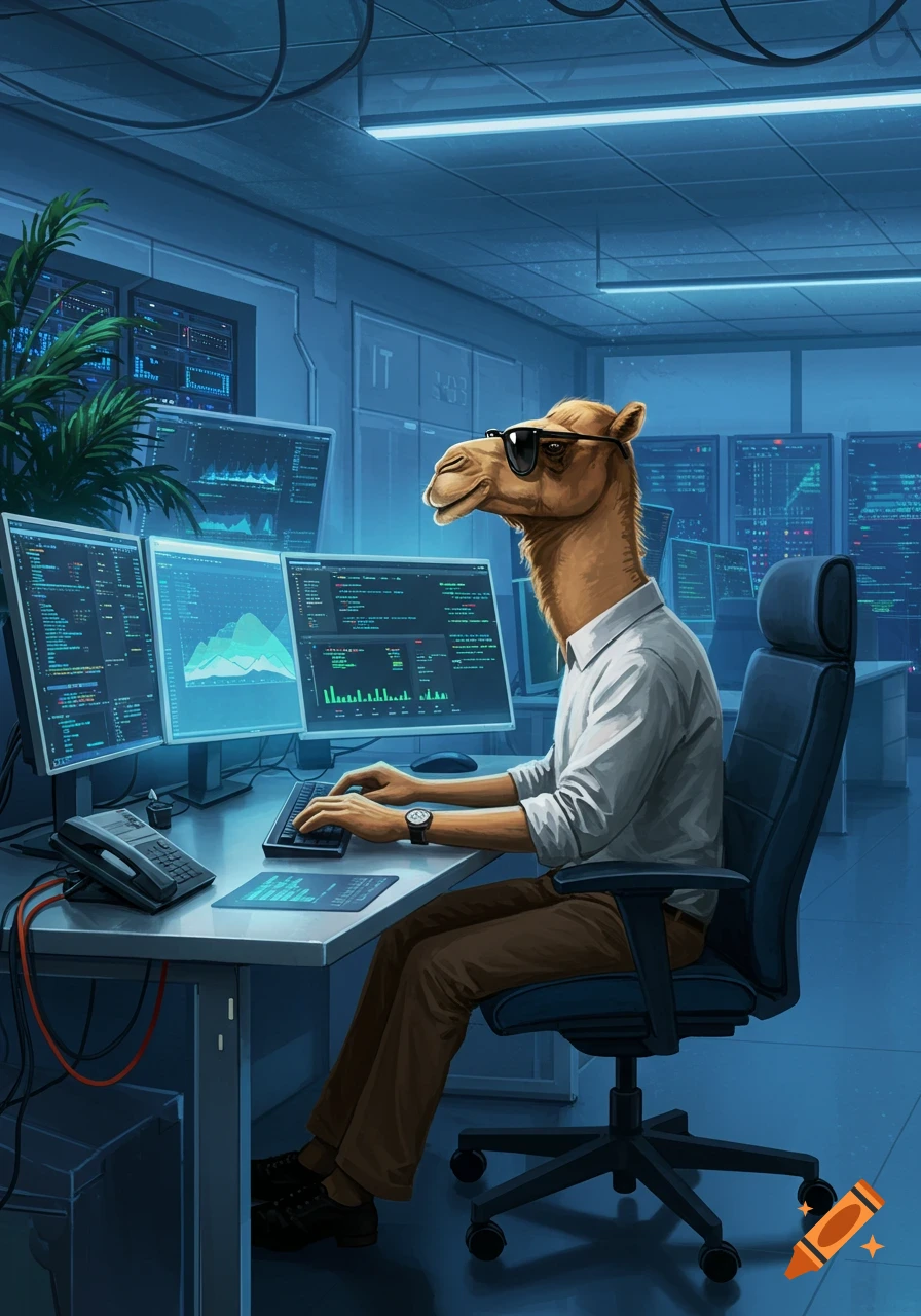 An anthropomorphic camel in sunglasses works at a computer in a blue-lit IT office with multiple monitors.