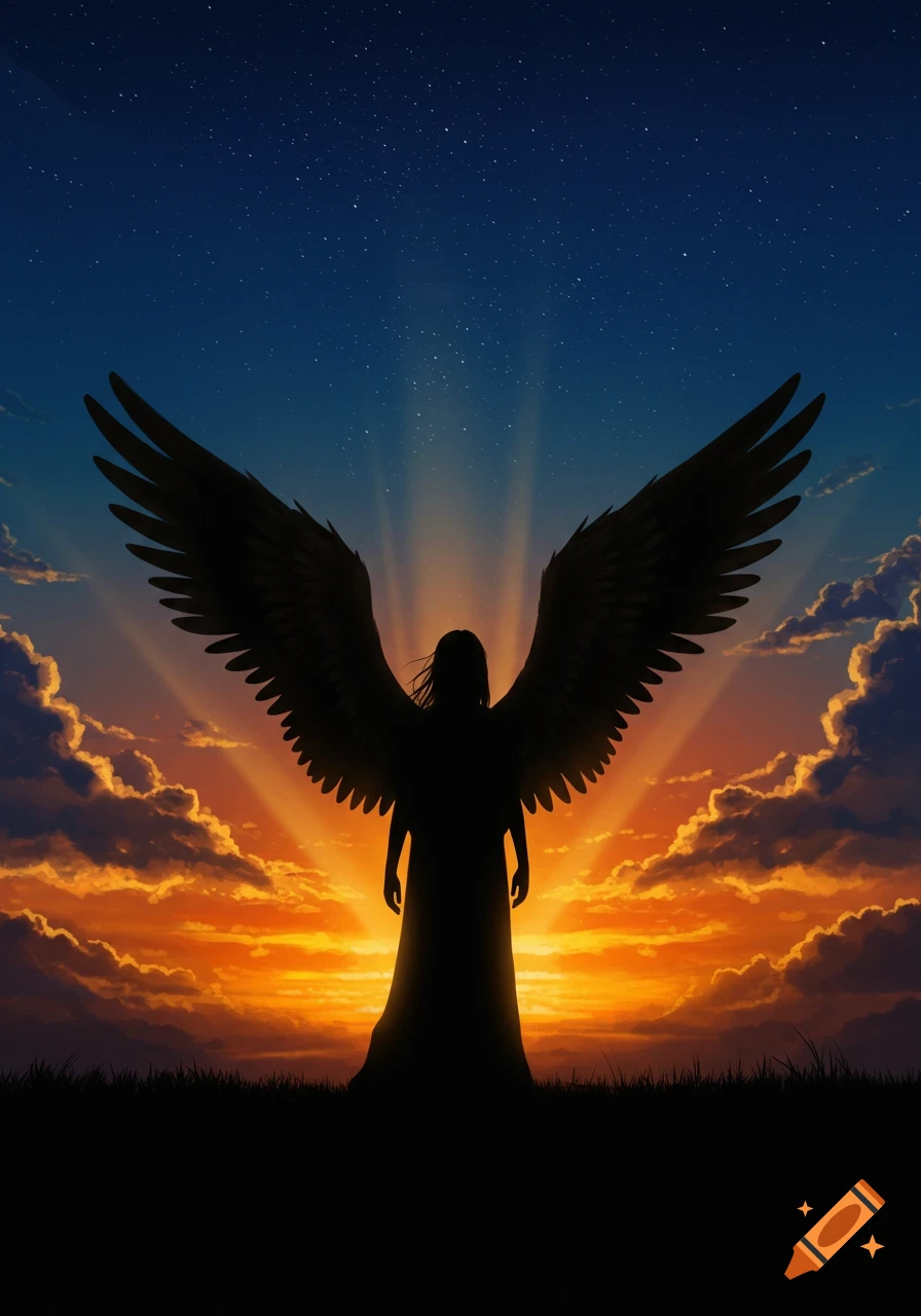 Silhouette of an angel with large wings against a vibrant sunset sky with clouds and radiating light.
