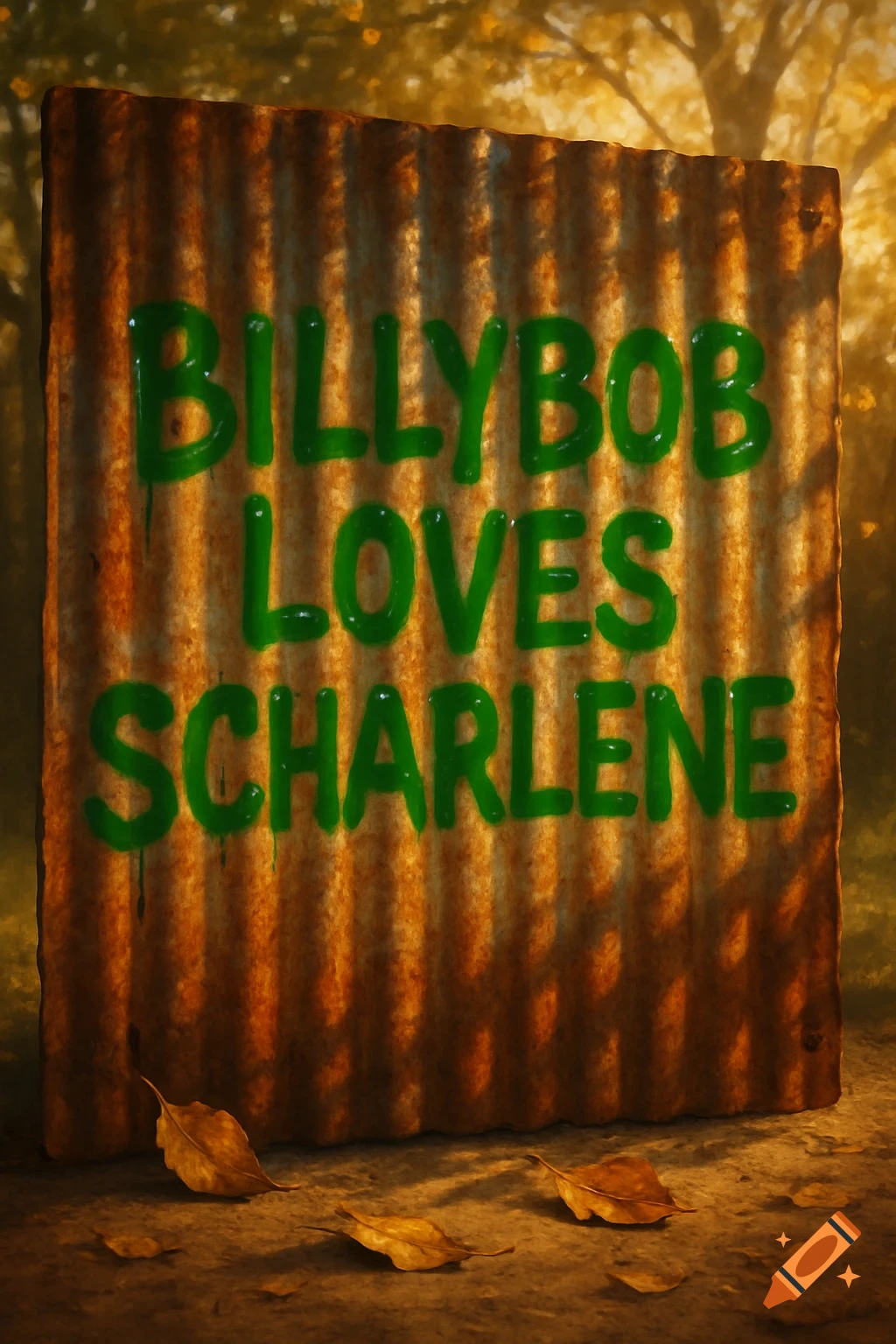A rustic corrugated metal sign stands vertically in an outdoor setting, with the words 'BILLYBOB LOVES SCHARLENE' painted in bright green.