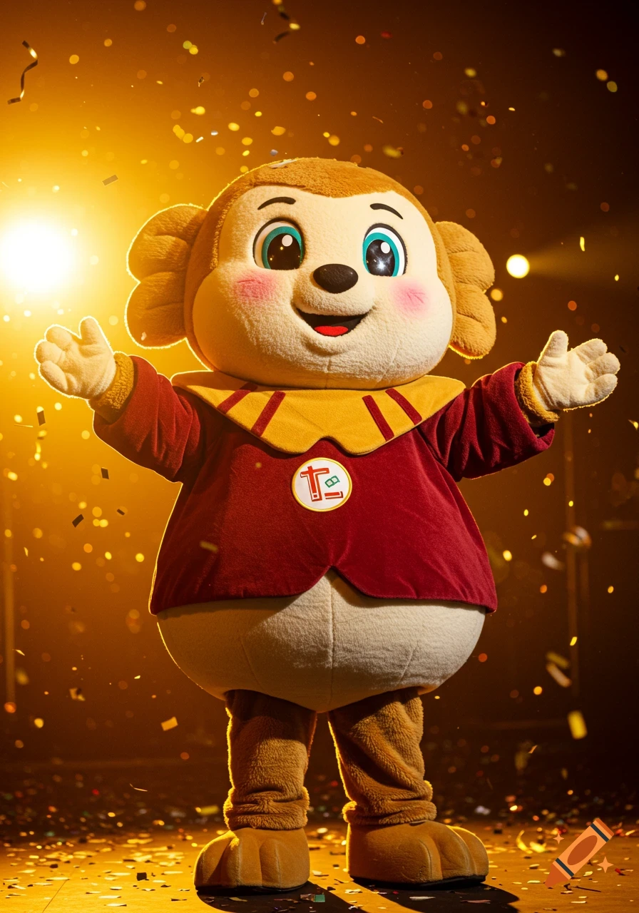 A fluffy, large-eyed mascot character in a red velvet jacket and beige body stands on a stage with confetti falling, bathed in bright golden-orange light.