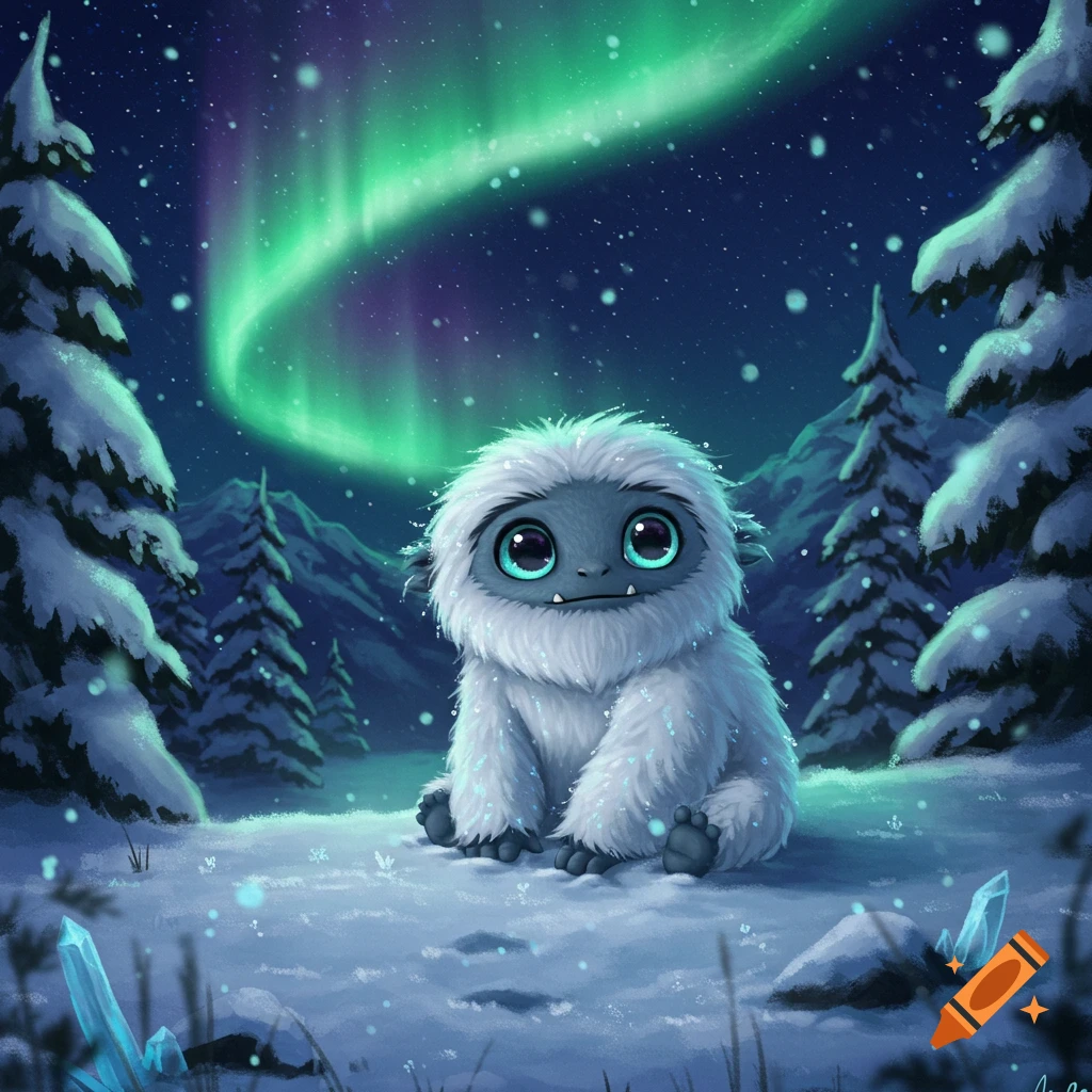 A cute, fluffy white yeti with large blue eyes sits in a snowy forest under glowing green aurora borealis.
