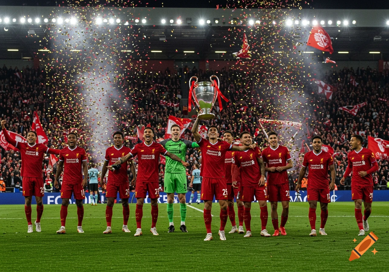 A soccer team in red jerseys celebrates with a trophy on a field as confetti falls in a stadium.