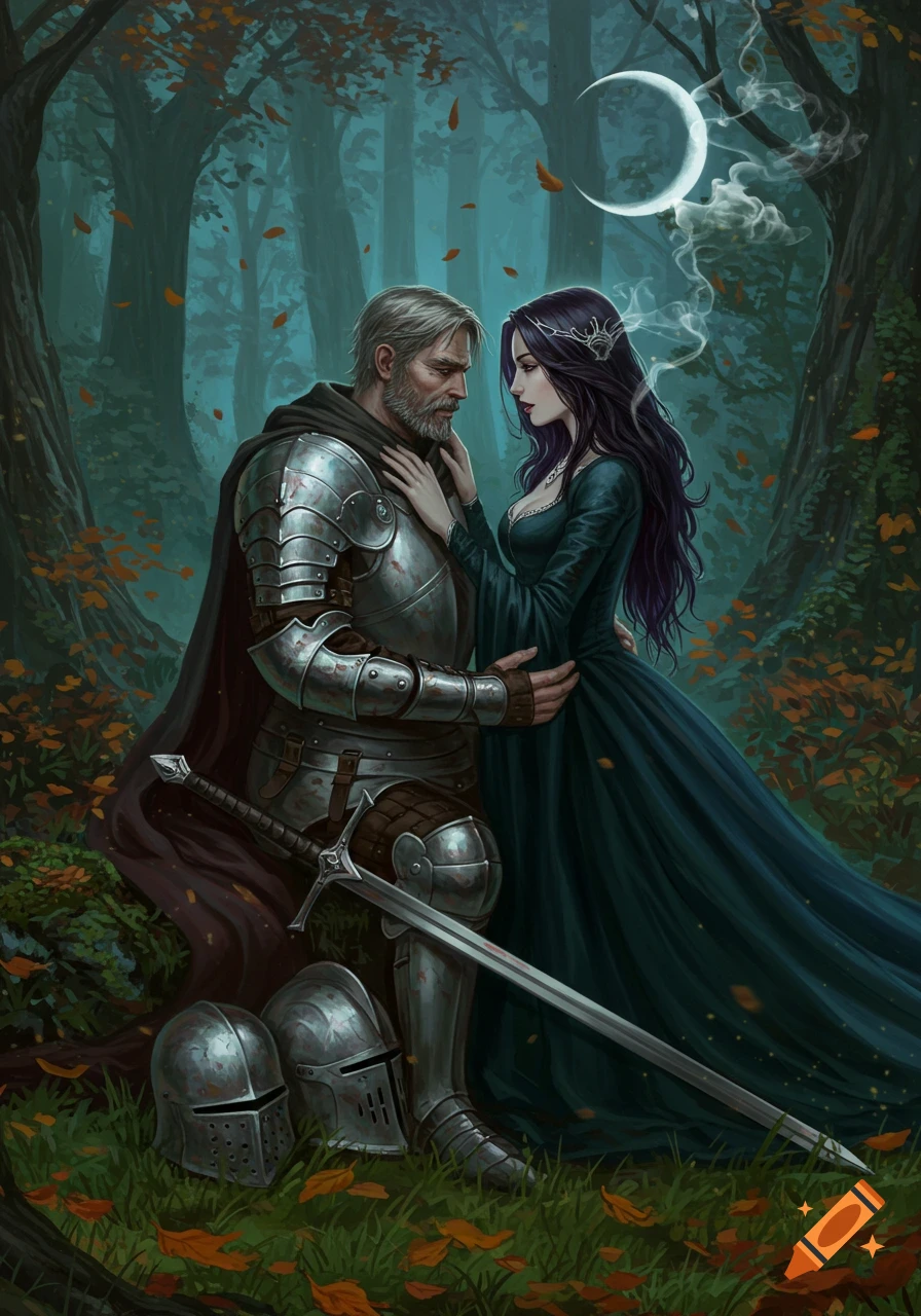 A digital painting of a knight kneeling and embracing a witch in a dark forest under a crescent moon.