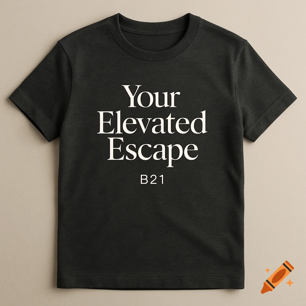 A black t-shirt with 'Your Elevated Escape B21' in white text.