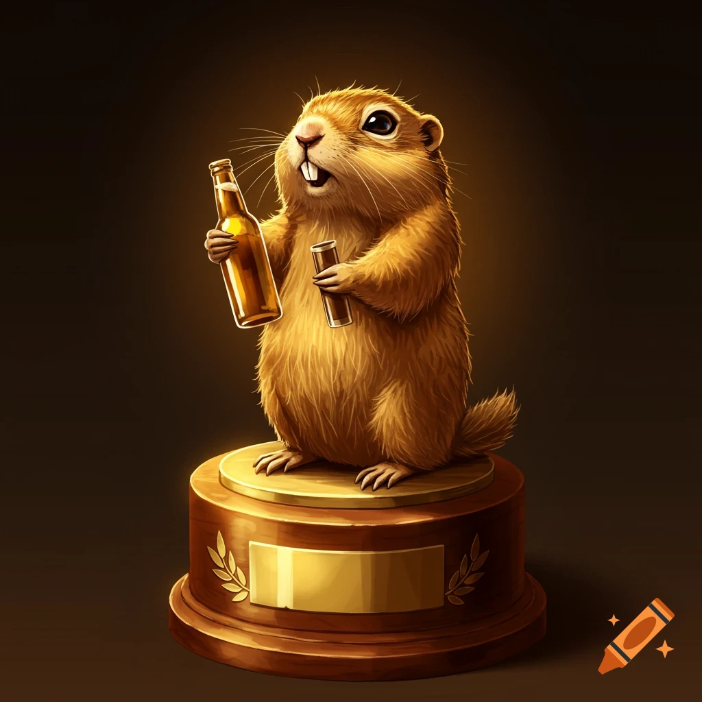A detailed illustration of a gopher trophy holding a beer bottle and a dark cylinder, standing on a wooden base.
