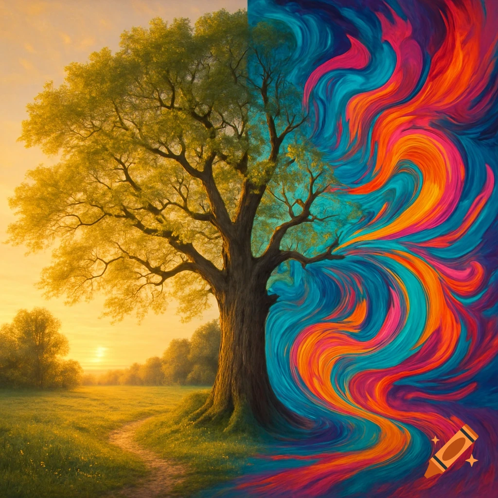A tree in a golden landscape under a sunset sky, with the right side of the image transitioning into vibrant, swirling abstract colors.
