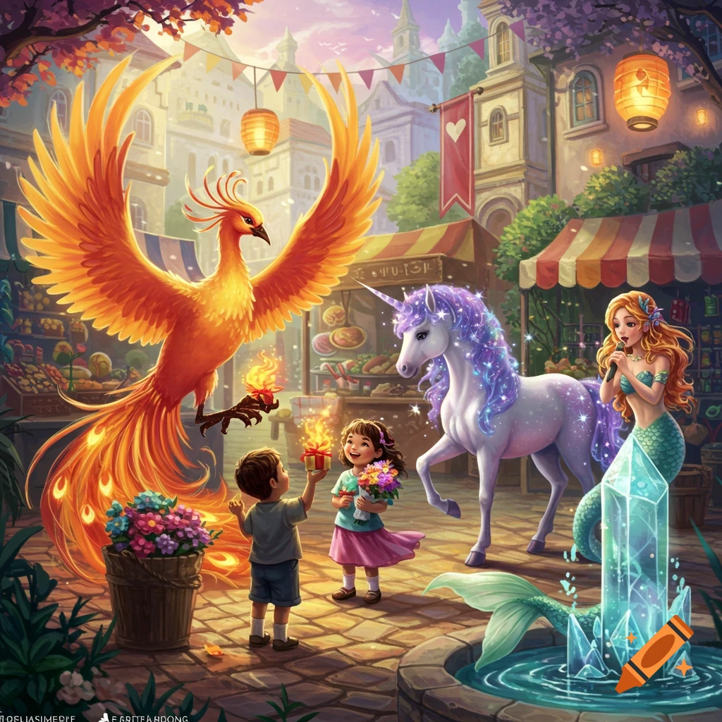A vibrant illustration of a large orange phoenix, a sparkling white unicorn, a mermaid, and two children in a colorful fantasy market.
