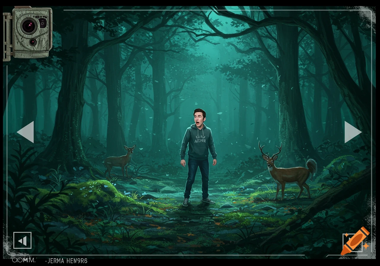 A surprised man stands in a dark forest at night, flanked by two deer, viewed through a trail camera frame.