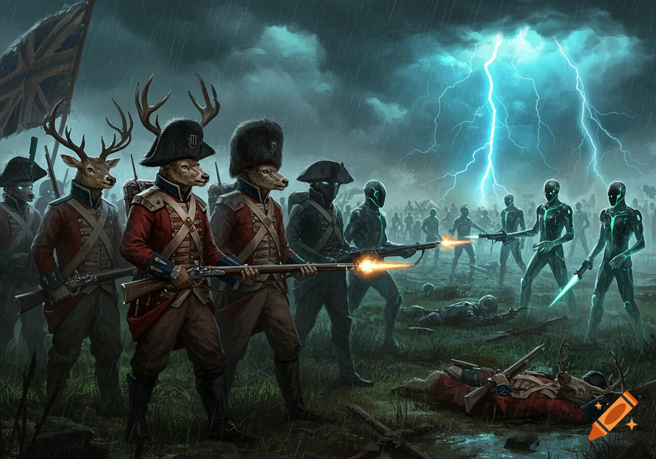 A dark, rainy battle scene with redcoat-clad deer-humanoid soldiers firing muskets at shadowy, glowing futuristic humanoids as blue lightning strikes. Fallen soldiers lie in the mud.