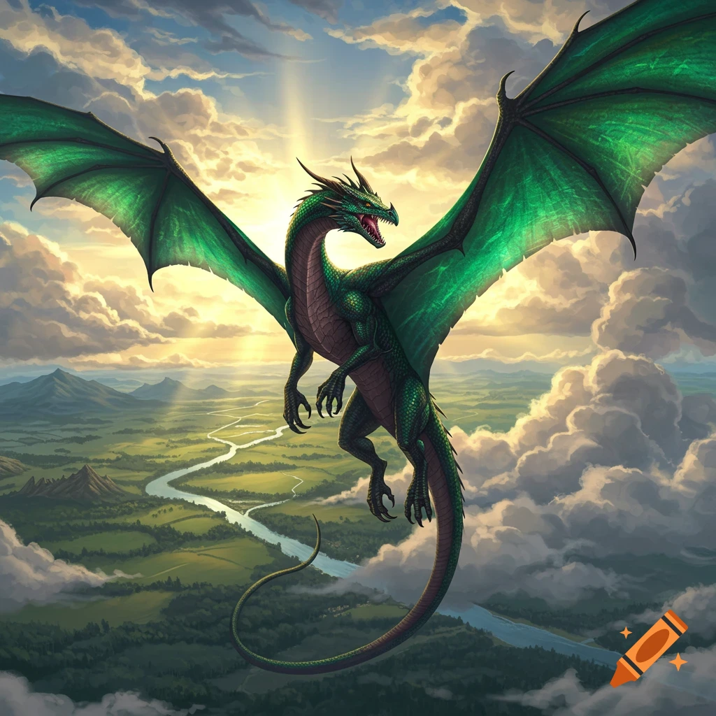 A majestic green dragon with large wings soars above a vast, green landscape with winding rivers under a cloudy, sunrise sky.
