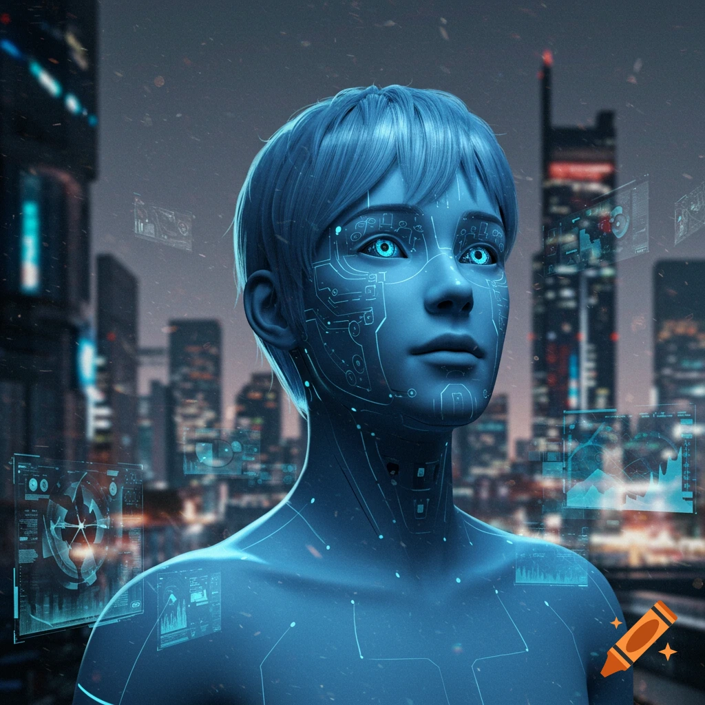 A blue-toned AI humanoid with glowing eyes and circuit patterns on its skin stands against a futuristic city skyline at night.