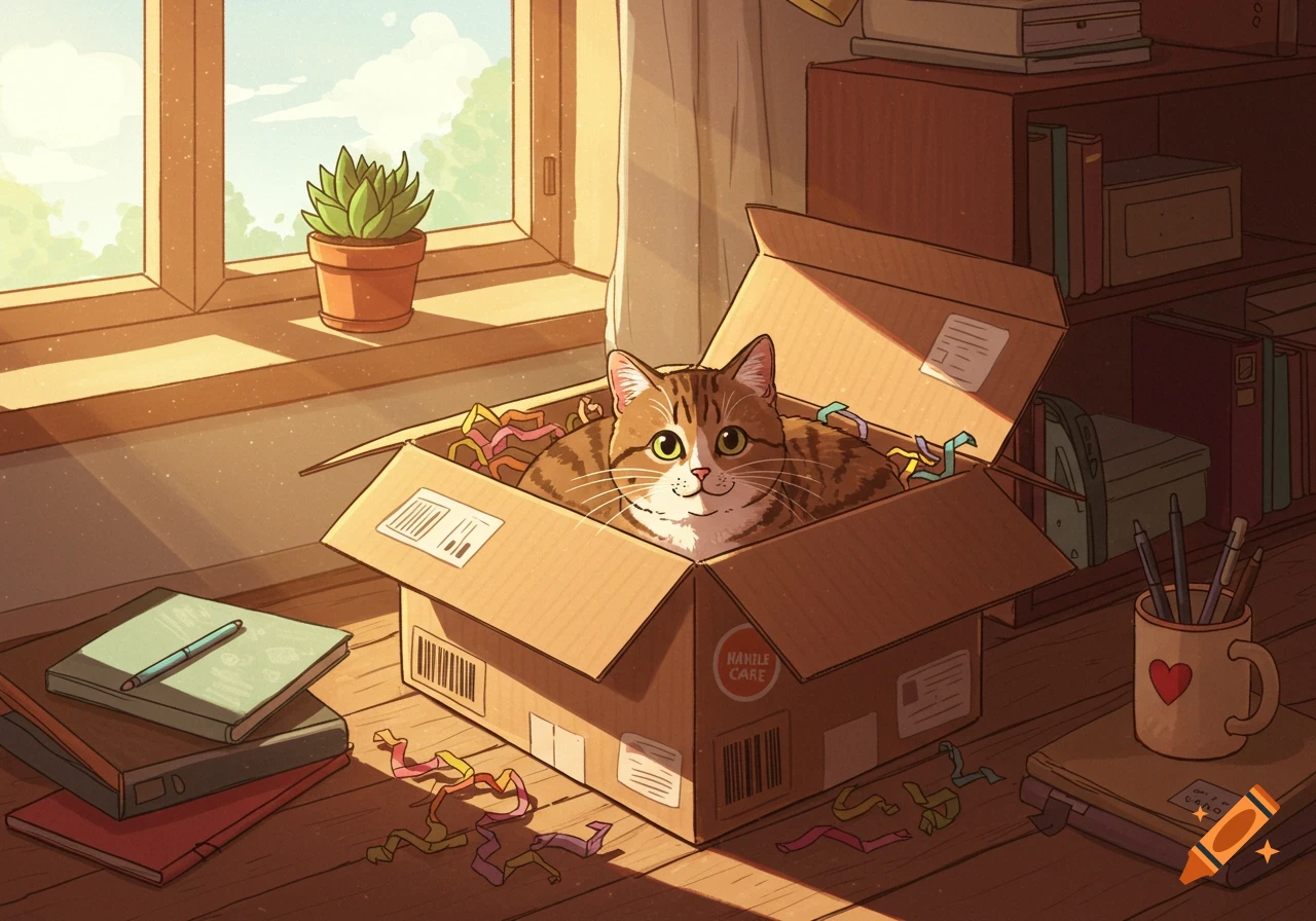 An illustration of a cute tabby cat sitting inside a cardboard shipping box in a sunlit room, with stationery and a plant on the desk.