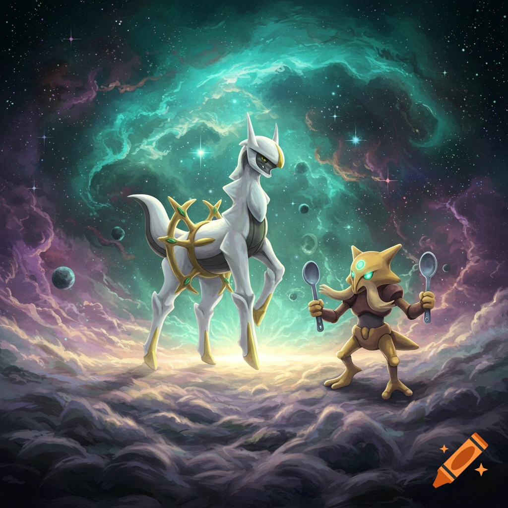Arceus, a white and gold Pokémon, faces Alakazam, a brown Pokémon holding spoons, against a vibrant cosmic nebula and planets.