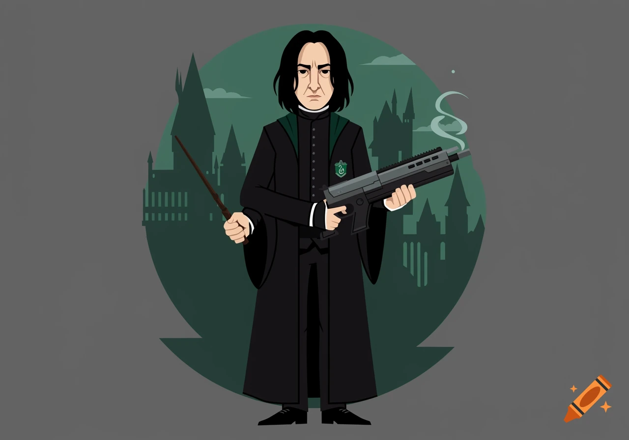 An illustration of Snape from Harry Potter in a black robe with a green trim, holding a magic wand in one hand and a modern grey assault rifle in the other. Hogwarts Castle silhouettes are in the background.