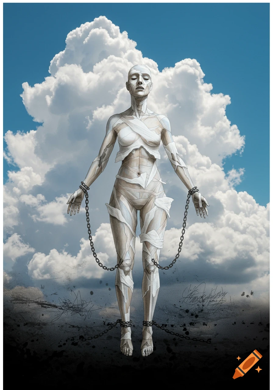 A stylized figure wrapped in bandages, with eyes closed, floats in front of a blue sky and white clouds, chained to a dark, smudged ground below.