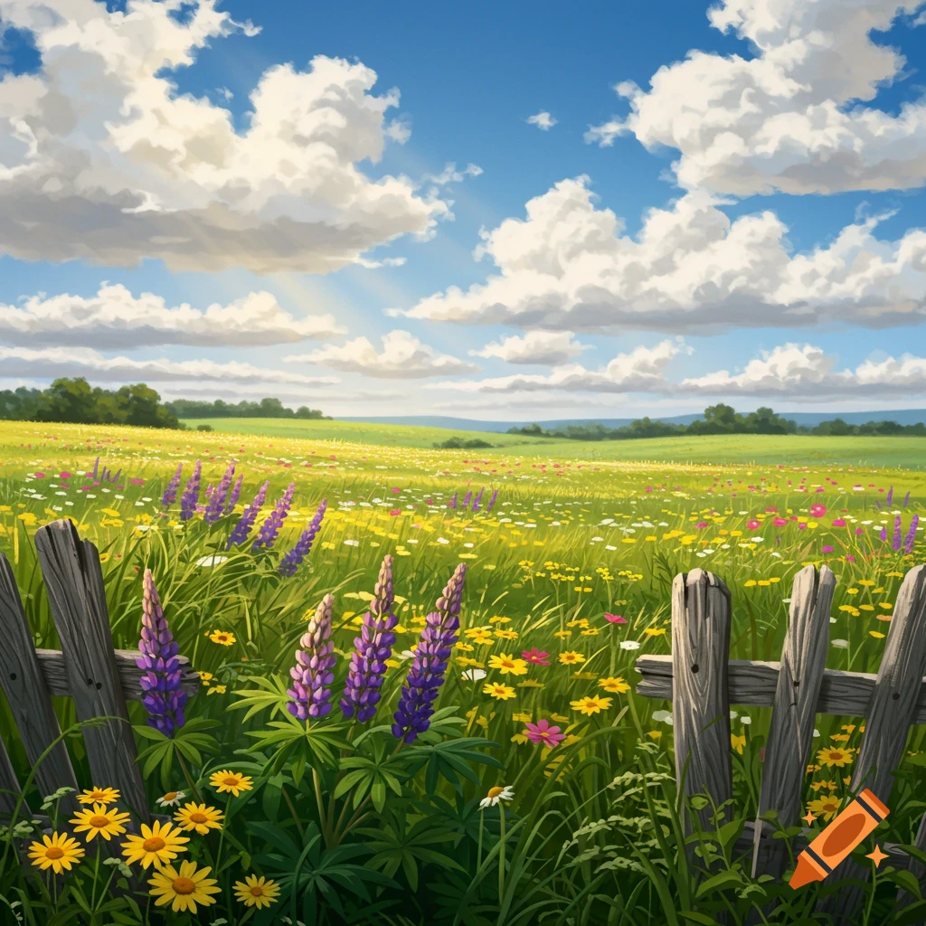 A vibrant wildflower meadow with purple and yellow flowers, green grass, and a rustic wooden fence under a blue sky with white clouds.