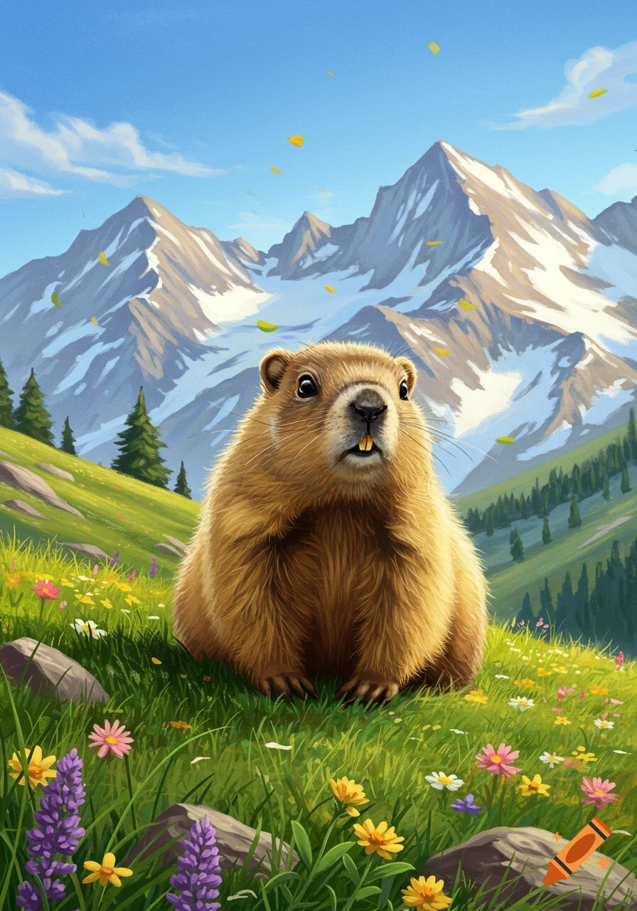 A cute, furry groundhog sits on a green, wildflower-filled mountain hillside with snowy peaks under a blue sky.