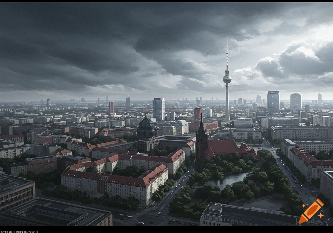 Aerial view of Berlin under dark, stormy clouds, featuring the TV Tower ...
