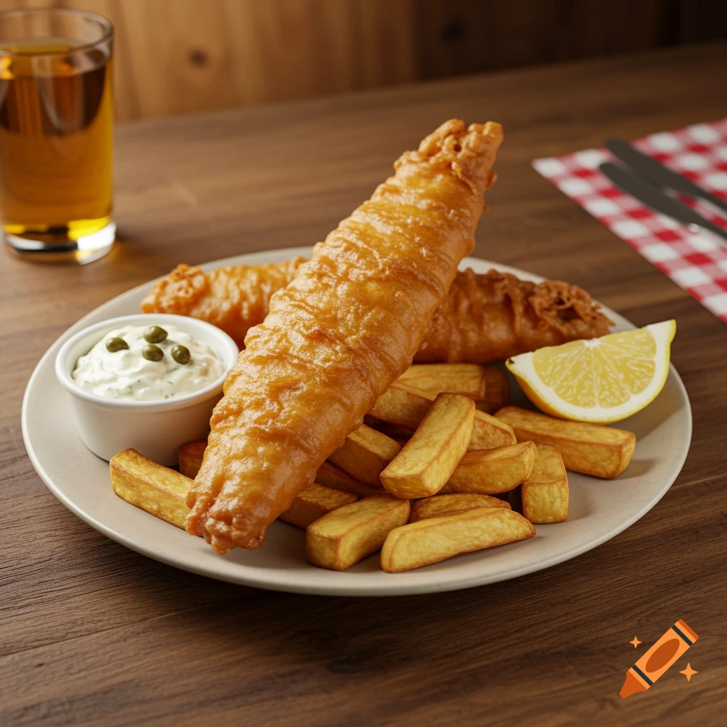 Photorealistic fish and chips served on a plate with tartar sauce, a lemon wedge, and a beer.