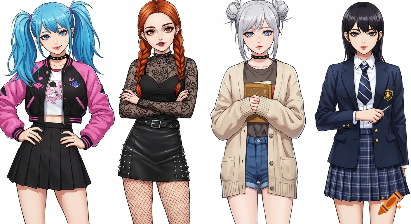 Four anime-style teenage girls in distinct outfits: K-pop, goth, indie, and preppy, standing on a white background.