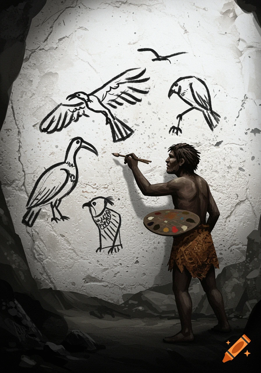 A primitive man draws black bird figures on a white cave wall, holding a brush and color palette.