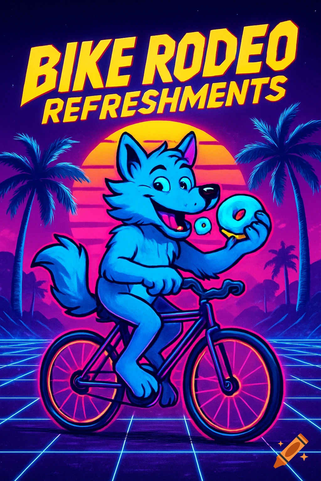 A blue cartoon wolf rides a bike, holding a donut. Text reads 'BIKE RODEO REFRESHMENTS'. Vibrant 80s synthwave style with neon colors and palm trees.