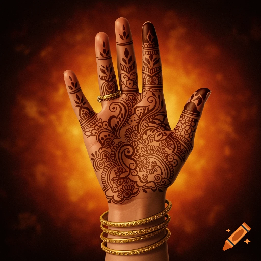 Close-up of a hand with intricate brown henna designs and gold bangles against a warm orange background.