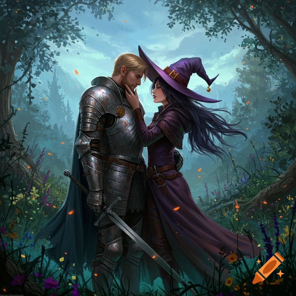 A knight in shining armor and a witch in a purple dress embrace in a magical forest.