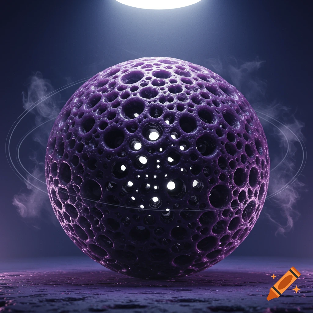 A close-up of a dark purple sphere covered in many holes, glowing from within, surrounded by wisps of smoke in a dark setting.