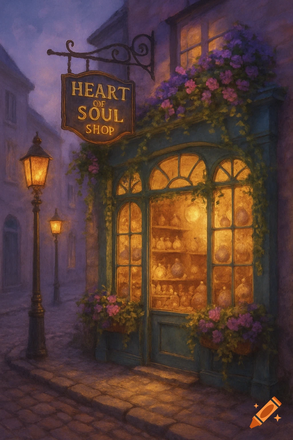 A glowing magical shop named 'Heart of Soul Shop' with purple flowers on a cobblestone street at dusk, lit by gas lamps.