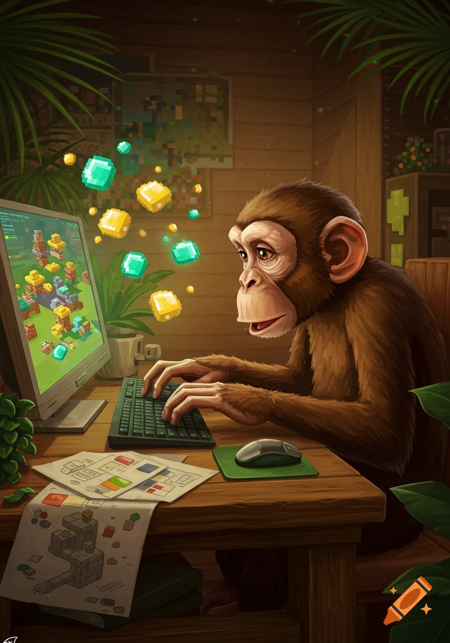 A chimpanzee plays a blocky video game on a desktop computer, with floating cubes and design papers on the wooden desk.