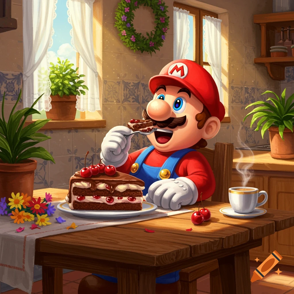 Mario happily eating a slice of chocolate cake with cherries on top at a wooden table in a sunlit kitchen.