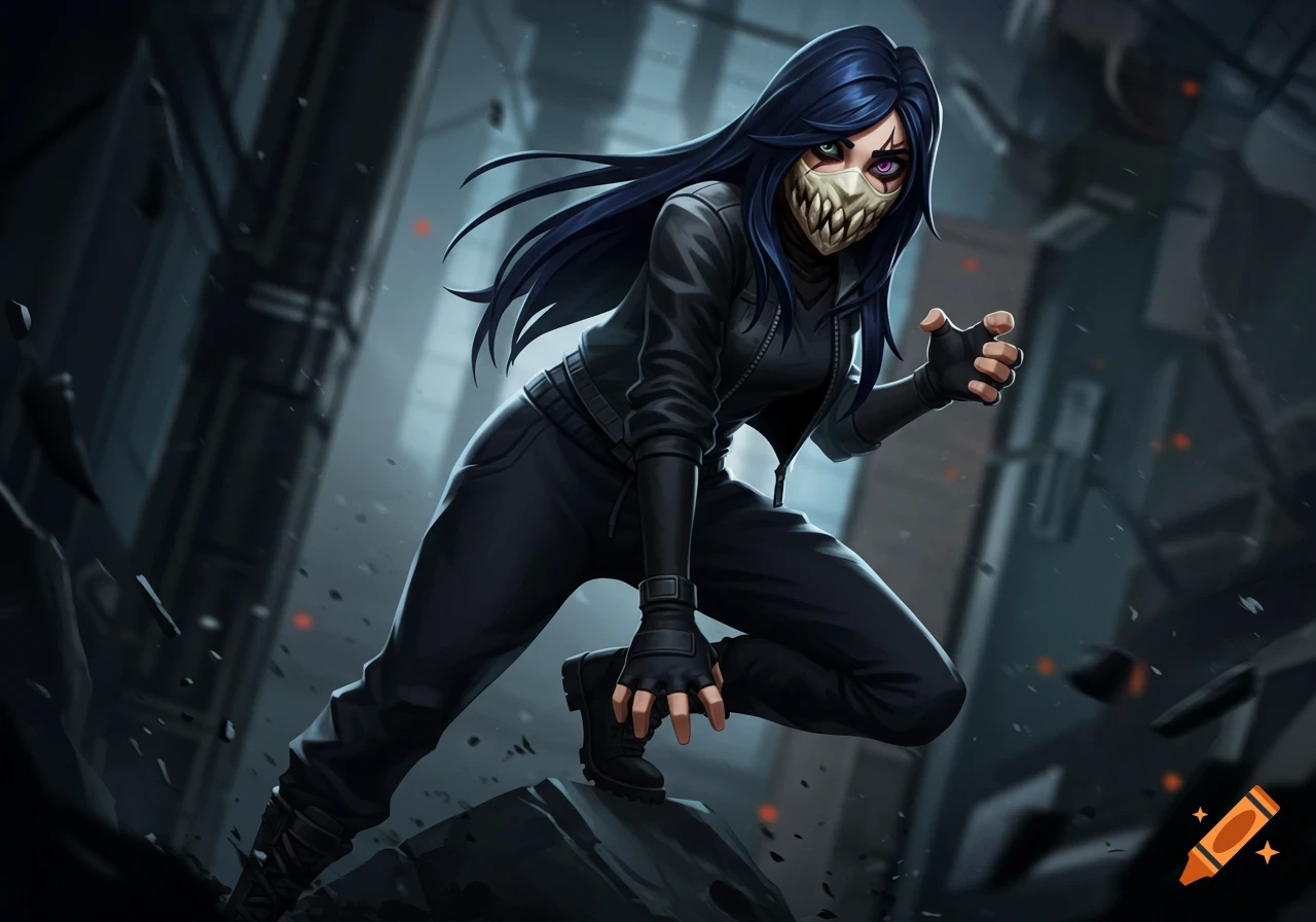 A stylized female character with long dark hair, wearing a black jacket, sweatpants, and boots. She has a beige monster-face mask with teeth and mismatched green and purple eyes, crouching in a dark, broken urban environment.