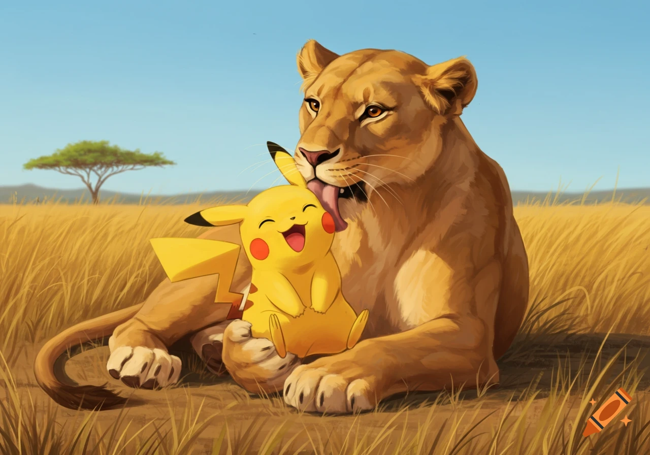 A lioness lovingly licks a happy Pikachu's face while lying in a sunny, grassy savanna with a tree in the background. Illustration style.
