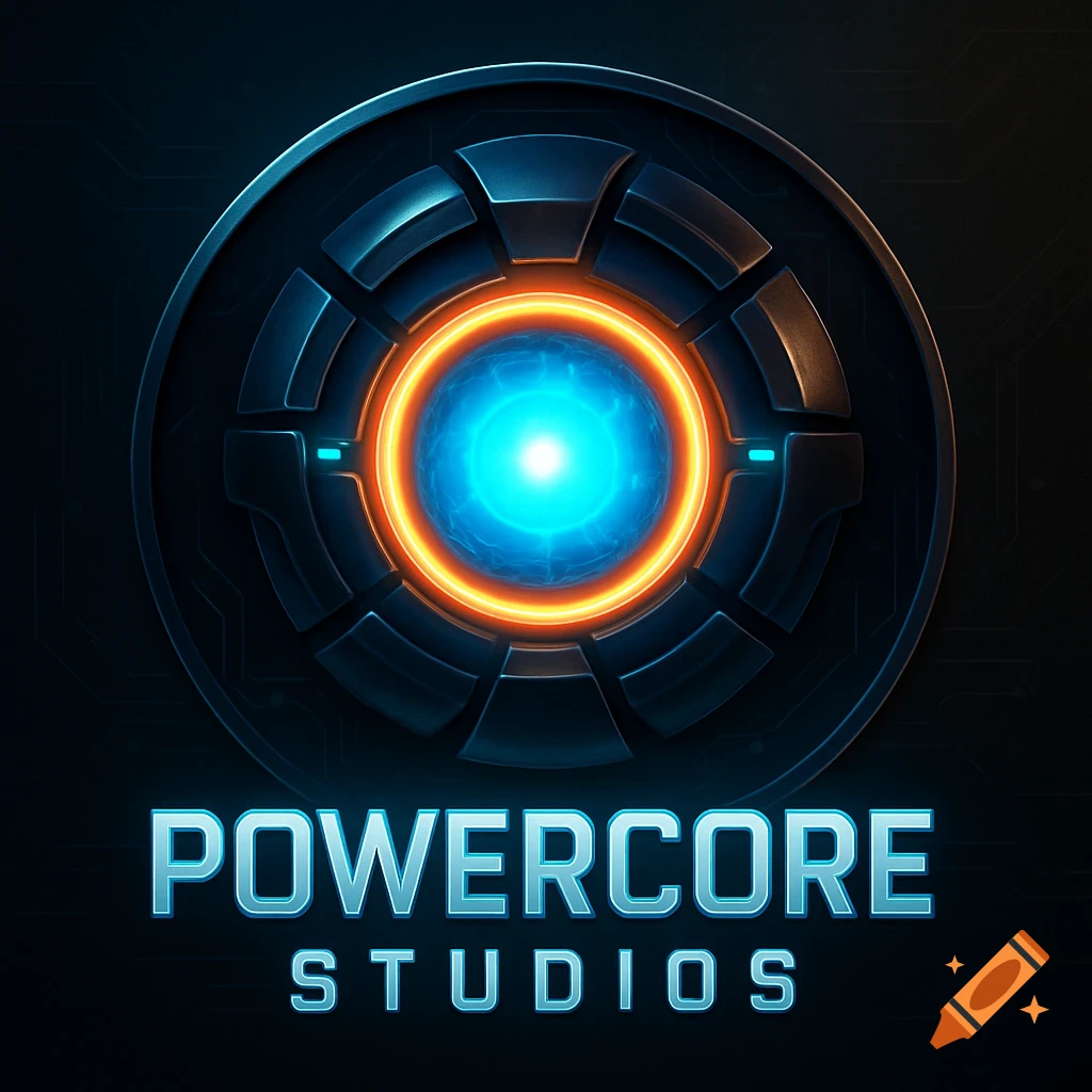 A dark futuristic logo with a glowing neon blue and orange energy core surrounded by metallic elements, with 'POWERCORE STUDIOS' text below.