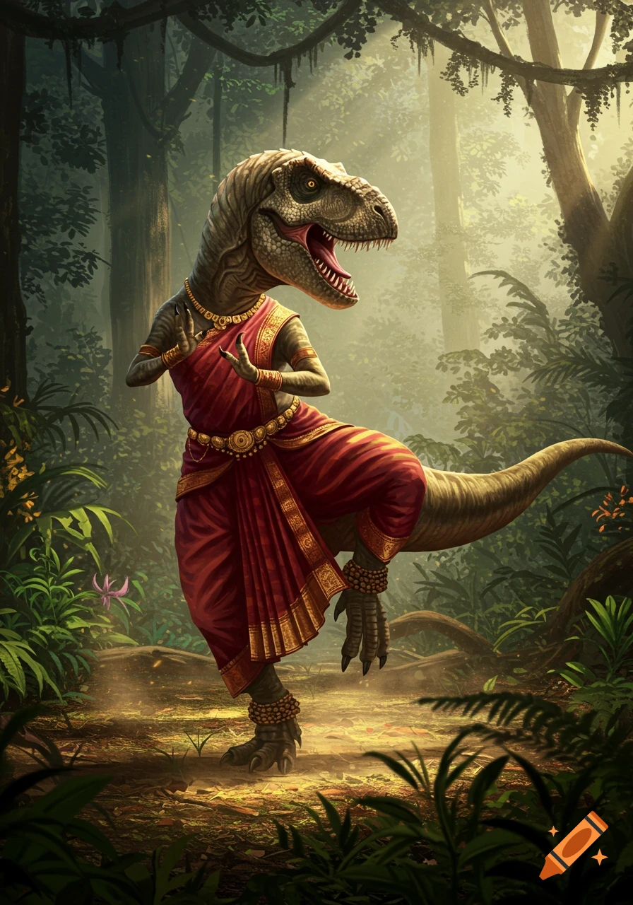 A T-Rex performs an elegant Bharatanatyam dance in a lush, sunlit jungle, wearing a red and gold traditional costume.