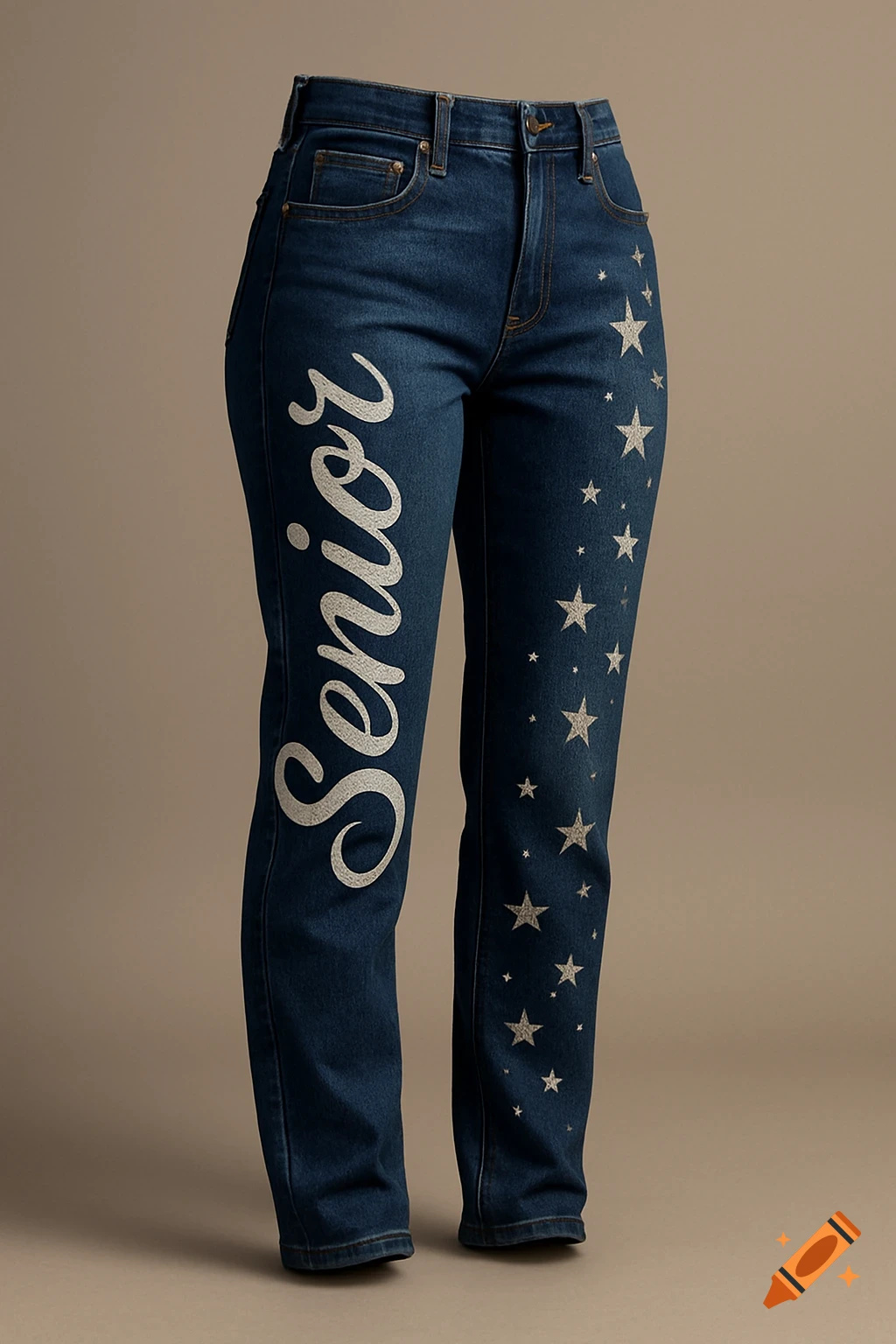 A pair of dark blue denim jeans with the word 'Senior' printed vertically in white on the left leg and multiple silver stars on the right leg.