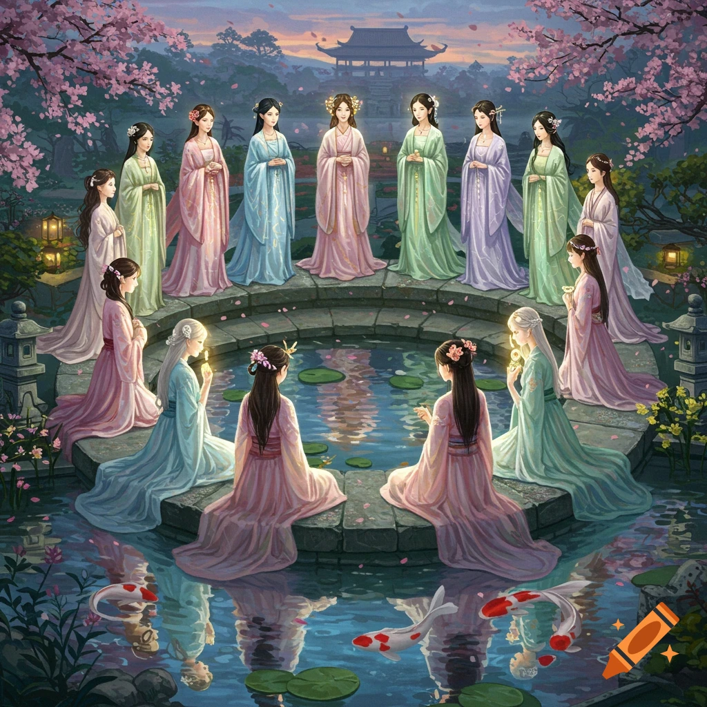 Multiple women in colorful traditional robes gather around a pond with koi fish and lotus pads, surrounded by cherry blossoms and a distant temple.