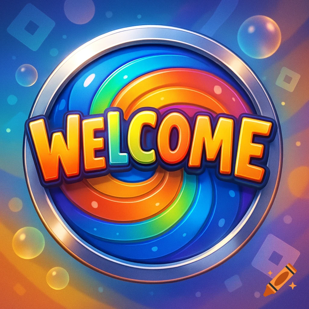 A colorful, rainbow-swirl Roblox badge with a silver border that says 'WELCOME' in bold, orange and yellow letters.