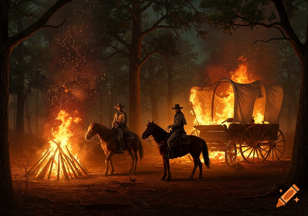 Two cowboys on horseback at night in a forest, with a large bonfire and a burning covered wagon.
