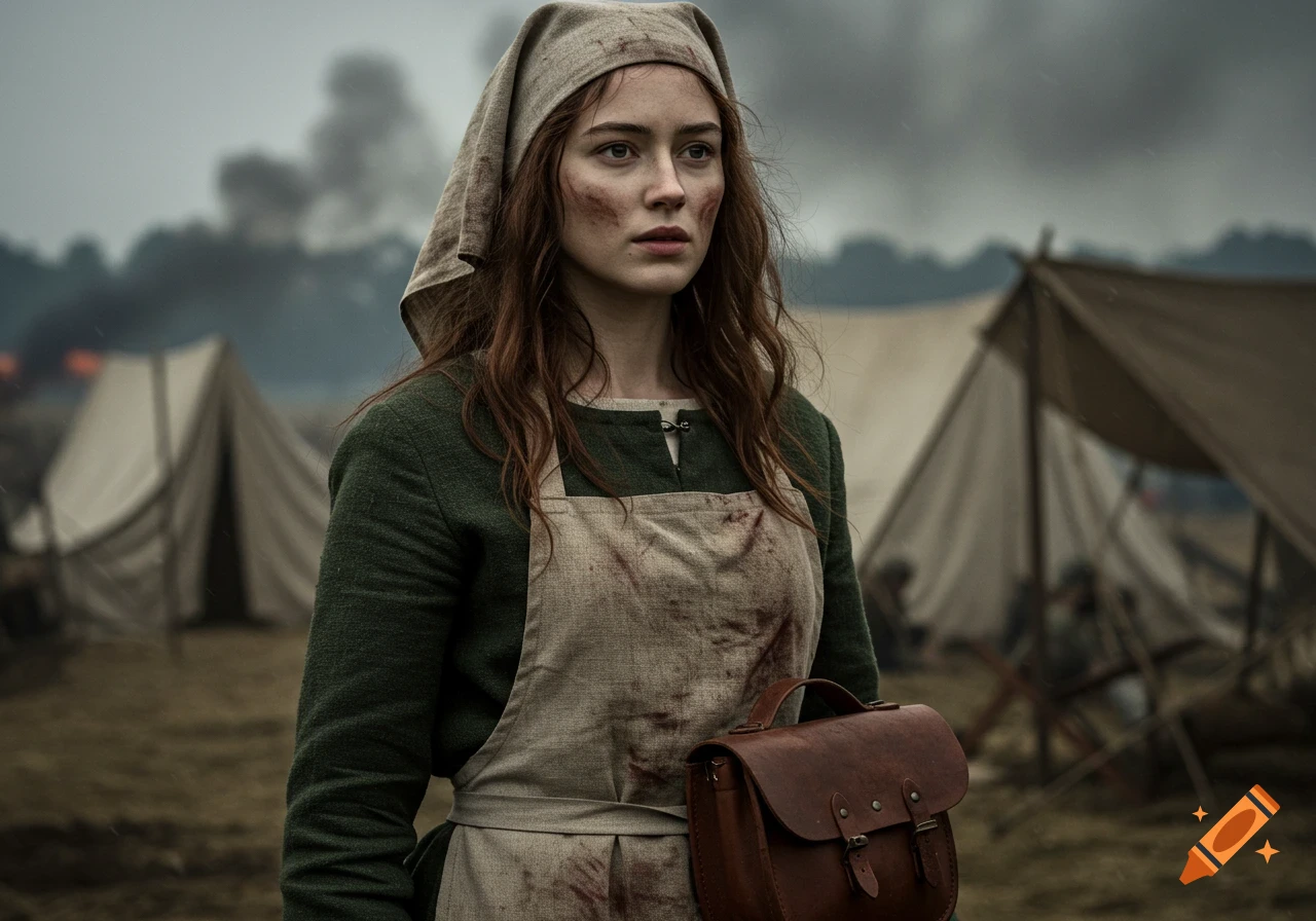 A young woman in historical period clothing, with a headscarf and dirty apron, stands in a war-torn camp under a cloudy sky.