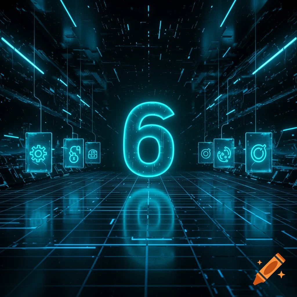 A large, glowing turquoise number 6 stands in a futuristic, dark digital space with illuminated grid lines and icons.