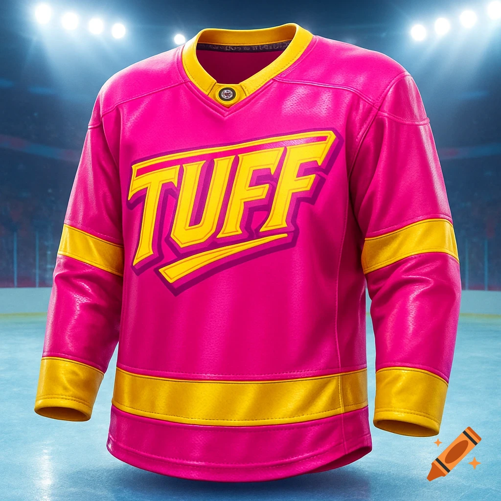A vibrant hot pink and yellow hockey jersey with the word TUFF in bold yellow letters, displayed on an ice rink under stadium lights.